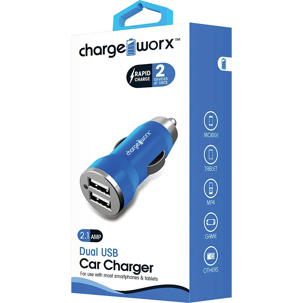 CHARGE WORX DUAL USB Y SHAPE CAR CHARGER BLUE